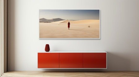 red dresser with glass doors, inspired by the minimalist style of max rive. this unique piece features a spacious interior and sleek design, perfect for storing and displaying your belongings. with its large canvas sizes and panoramic scale, it adds a touch of desertwave and oriental minimalism to any space. ai generatedの素材