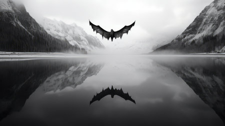 a small black batswing gracefully hovers above the water, reminiscent of epic fantasy scenes. this monochromatic image showcases symmetrical composition and has been digitally manipulated to create an ethereal landscape. the stark and unfiltered atmosphere adds to the enigmatic allure of the characters, while their reflections add an intriguing element to the overall composition. ai generatedの素材