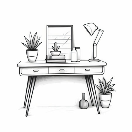 a highly detailed and minimalist coloring page featuring a retro console table with clean and angular shapes, streamlined surfaces, and tapered legs. the black lines depict the minimal ornamentation and functional aspects of the table, capturing the nostalgia and vintage vibes. enjoy coloring this iconic piece with your chosen colors while maintaining the minimalist aesthetic. ai generatedの素材
