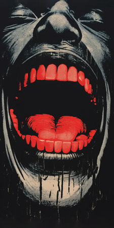 black and red faces with open lips and a red eye, reminiscent of gritty horror comics and woodcut-inspired graphics. this neon-lit pop art features hyperrealistic illustrations, influenced by the art of the ivory coast and the criterion collection. the tightly cropped compositions add intensity to this captivating image. ai generatedの素材
