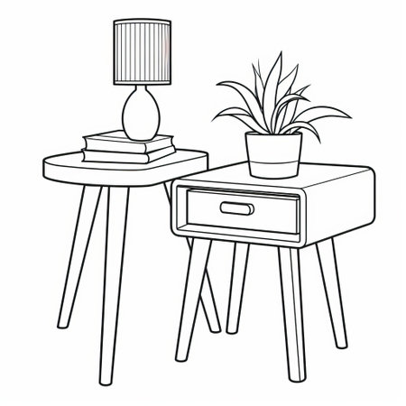 a highly detailed and minimalist coloring page featuring a retro side table with clean and angular shapes, streamlined surfaces, and tapered legs. the black lines depict the minimal ornamentation and functional aspects of the table, capturing its nostalgic and vintage vibes. enjoy coloring this iconic piece with your chosen colors while maintaining the minimalist aesthetic. ai generatedの素材