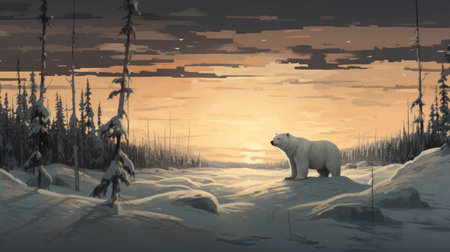 a polar bear stands majestically in a snowy forest, depicted in the vibrant and richly colored style of sea and coast painter raynald leclerc. the dark white and amber hues of the sky create a captivating atmosphere, while the desolate landscapes and prairiecore elements add a unique touch. this stunning illustration by niko henrichon captures the beauty and solitude of the arctic wilderness. ai generatedの素材