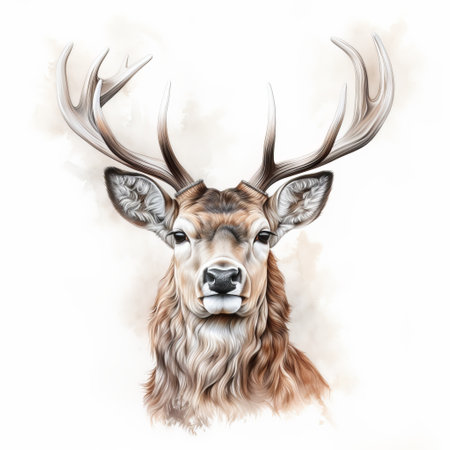 a watercolor portrait of a stag, showcasing realistic details and a whimsical touch. the stag is depicted in dark white and light brown hues, created using digital art techniques. the artwork features subtle shading and is presented in 8k resolution, highlighting the intricate details. this stunning piece can be likened to a tattoo, with its unique blend of whimsical realism. ai generatedの素材