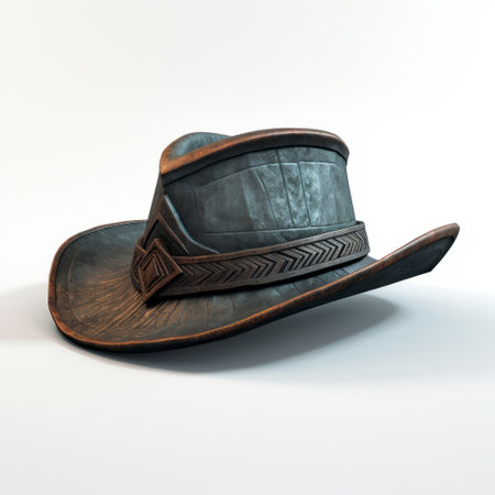 a cowboy hat featuring an embroidered leather band, rendered in the style of unreal engine. the hat showcases a patinated and oxidized finish, with uneven textures reminiscent of a wood engraving. created using zbrush, this futuristic victorian-inspired accessory captures a unique blend of vintage and modern aesthetics. photographed with a steinheil quinon 55mm f19 lens. ai generatedの素材