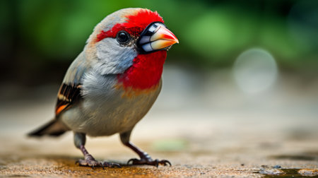 a bird with exaggerated facial features stands on the ground, covered in dripped sweat. the silver and red color scheme, along with the precisionist style, adds a unique touch to the image. the focus stacking technique enhances the sharpness of the bird's features. the composition showcases a clever and humorous portrayal of the bird in a bombacore fashion, with hints of light emerald and red.の素材