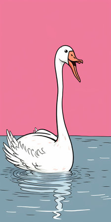 a white swan with a flare on one ear swimming gracefully in a comic cartoon style. this pink-hued swan captures the essence of forced perspective drawings and editorial cartooning. the inspiration from walter crane is evident in the rough-edged 2d animation, while the dry wit humor adds an extra layer of charm to this delightful image. ai generatedの素材