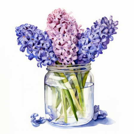 a high detailed watercolor painting of a hyacinth with violets, showcasing the classic still-life style. the artwork captures the transparency and lightness of the flowers, creating an optical illusion with its highly detailed illustrations. the pink and blue hues add to the chromatic purity of the composition. ai generatedの素材