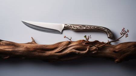 a knife is placed on a long piece of wood, showcasing a nature-inspired, dark white and light bronze color scheme. the photograph, captured using adox silvermax, highlights precision and attention to detail. the twisted branches add a distinct stylistic range, while the sabattier effect adds an intriguing touch. ai generatedの素材