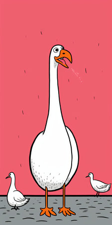 a minimalist illustration featuring birds vs hobos 3, birds vs hobos 7, and chicken bird vs goose 9. the artwork showcases water drops in a white and pink color scheme, drawing inspiration from fauvism. it incorporates elements of postmodern appropriation and forced perspective, with whiplash curves adding a dynamic touch. ai generatedの素材