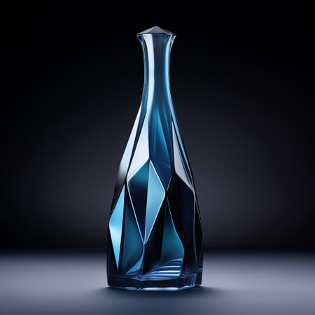 the crystal bottle on display is a stunning example of luxury craftsmanship. inspired by geometric shapes, its dark cyan and indigo hues create a captivating visual. this award-winning piece showcases the precisionist art of focus stacking, resulting in a sharp and angular design. with its 8k 3d details, this bottle is truly a masterpiece of contemporary elegance. ai generatedの素材