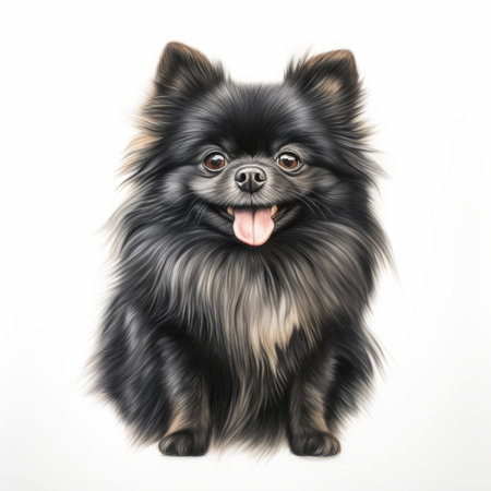 a black mutt pomeranian puppy with red fur is depicted in a hyperrealistic illustration style. the puppy is captured in a studio portrait on a white background, showcasing lively facial expressions and a charming character. the artwork incorporates elements of chinese iconography, with a color palette of dark gray and light azure, evoking emotion in the portraiture. ai generatedの素材
