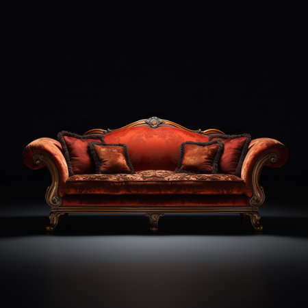 a 3d rendered photo of a red couch, reminiscent of the venetian rococo style, stands out against a dark background. the couch features a combination of light orange and dark brown hues, showcasing its polished and handcrafted designs. this high-quality photo captures the essence of traditional and precise craftsmanship. ai generatedの素材