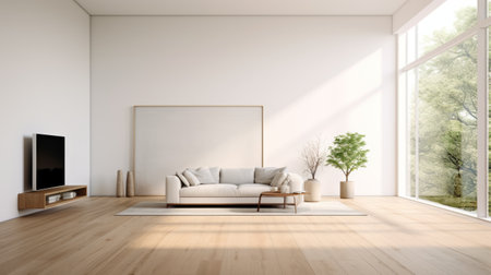 an empty living room with white walls and a large white couch, showcasing classic japanese simplicity. the room is adorned with light gold and light brown accents, creating a minimalist monochromatic landscape. the asymmetrical framing adds a touch of uniqueness, while the eco-friendly craftsmanship ensures sustainability. the photo is captured in stunning 8k resolution, reminiscent of classical academic paintings. ai generatedの素材
