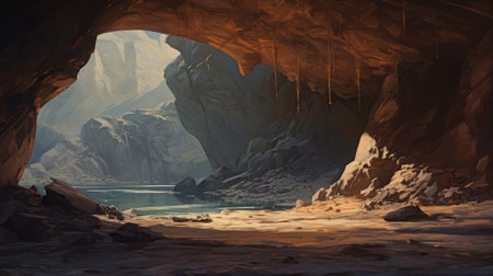 an antique painting depicting a cave with a horizon line positioned on the lower third of the image. the detailed brush strokes create a striking and cheery scene. this 4k artwork measures 9x16, showcasing its beauty and intricacy. ai generatedの素材