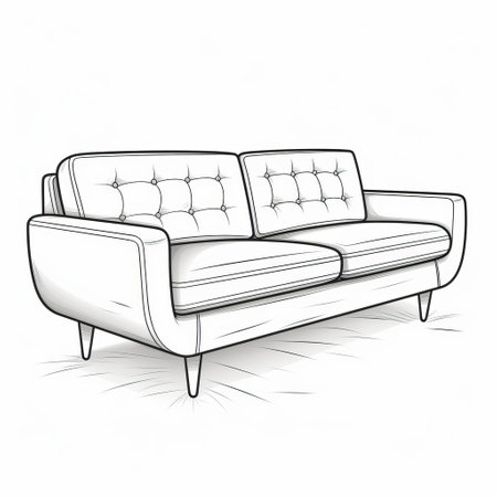 a highly detailed and minimalist coloring page featuring a retro couch with clean and angular shapes, streamlined surfaces, and tapered legs. the black lines depict the recognizable features of the era, emphasizing the minimal ornamentation and functional aspects. enjoy coloring this iconic piece with your chosen colors, capturing the nostalgia and vintage vibes while maintaining the minimalist aesthetic. ai generatedの素材