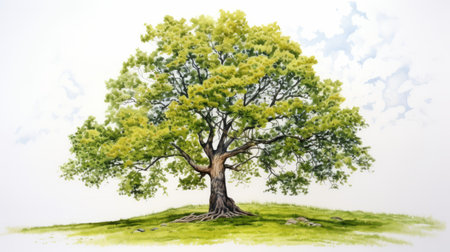 a watercolor painting of a green tree portrait is showcased against a backdrop of lush grass, a vibrant blue sky, and fluffy clouds. this highly detailed and realistic artwork, created in the style of organic realism, reminiscent of roxy paine's work, captures the essence of a realistic painted still life. this commissioned piece, created between 1970 and the present, is a large-scale masterpiece. ai generatedの素材