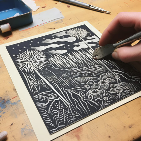hand-drawn artwork by an artist, featuring a person in the style of woodcut and linocut. the dark, moody landscape showcases detailed flora and fauna against a dark sky-blue and white backdrop. the heavy shading and black-and-white block prints create a prairiecore aesthetic. ai generatedの素材