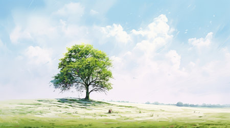 a single tree stands alone in a grassy field, captured in the style of kawacy's digital illustration. this plein air scene showcases a sparse and simple composition, with highly realistic painted illustrations. the color palette of light cyan and green adds a serene and natural ambiance to the image. ai generatedの素材