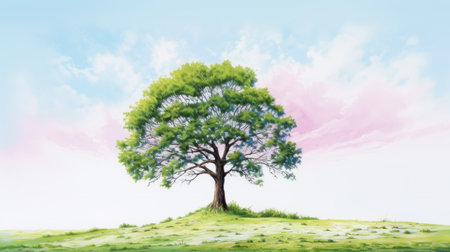 a leafy tree stands tall against a grassy field background, reminiscent of referential painting, animecore, and storybook illustrations. the vibrant colors of light magenta and sky-blue create a captivating scene. the hyperrealistic details of the tree and surrounding wood add to the beauty of this mesmerizing artwork. ai generatedの素材