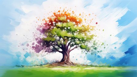 an art drawing of a tree with colored splatters on the ground, showcasing vibrant murals and multilayered realism. the colorful gradients and dreamy symbolism add a touch of mystic symbolism to this captivating and powerful piece. the artist's use of vibrant colors and intricate details creates a colorful caricature that is both visually stunning and thought-provoking. ai generatedの素材