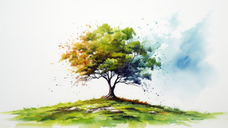 colorful tree on a hill, resembling watercolor illustrations with vibrant shades of dark white and light green. this uhd image captures the joyous essence of figurative art, showcasing realistic still life paintings. the beauty of this scene is truly breathtaking, with the tree gracefully bending against the backdrop of the hill. ai generatedの素材