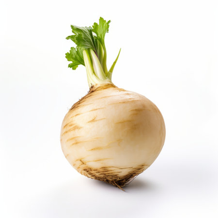 a turnip, captured with the artistic touch of the rodenstock imagon 300mm f58 lens, is showcased against a clean white background. the image is influenced by the mote kei style and cross processing technique, resulting in a light yellow and white color palette. this high-resolution 32k uhd photograph pays homage to the works of leiji matsumoto and glen orbik. ai generatedの素材