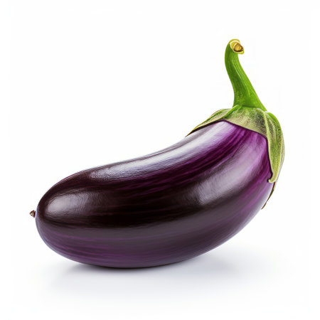 eggplant on a white background, featuring a creative composition by clovis trouille. the image showcases a unique blend of dark purple and light black hues, with hints of dark red and dark indigo. surprisingly absurd, this photograph evokes a melancholic symbolism, merging contrasting colors like dark purple and light green. creative commons attribution. ai generatedの素材