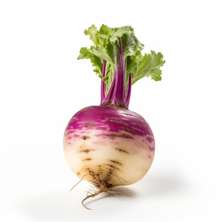 a turnip is showcased on a clean white background, captured with the artistic style of canon ts-e 17mm f4l tilt-shift lens. the image features intense coloration, incorporating shades of magenta and beige inspired by mandy disher's work. the composition draws inspiration from the concept of kintsukuroi, while also reflecting the bold color usage reminiscent of rockwell kent's art. ai generatedの素材