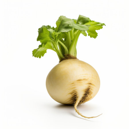turnip radishes, captured in the style of petzval 85mm f22 lens, are showcased on a clean white background. the composition features a clever use of negative space, reminiscent of the artistic techniques employed by kazuki takamatsu. the light yellow and black hues add a visually striking contrast. this high-resolution image, with 32k uhd quality, pays homage to the constructivist roots of art. ai generatedの素材