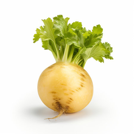 a turnip sits on a white backdrop, showcasing the use of yellow in an oshare kei style. this composition combines natural and man-made elements, creating a unique aesthetic. the photograph captures the essence of caninecore and is shot on kodak vision3 200t film, resulting in clear edge definition. ai generatedの素材