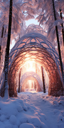 a tunnel with a dome in the middle of a forest, featuring vray tracing, snow scenes, colorful woodcarvings, translucent resin waves, light white, light crimson, intricate weaving, and organic architecture. ai generatedの素材
