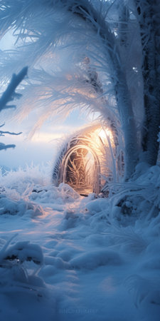 a very cold looking tunnel in winter photo by gisela roza, rendered in cinema4d, showcases a whimsical wilderness with golden light. this nature-inspired installation, captured in an intensely detailed and high-quality photo, evokes a sense of enchantment and wonder. associated press photo. ai generatedの素材