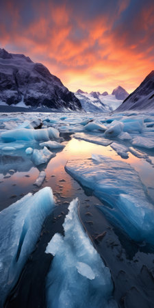 glacier and fog ice float on the water at sunrise, creating a mesmerizing scene. the icebergs in the lake and mountains add to the beauty of the sunset. this photography of karlsruhe captures the essence of uhd image, psychedelic surrealism, and realistic landscape paintings. the majestic and sweeping seascapes evoke a sense of awe and wonder. ai generatedの素材