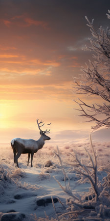 winter red deer standing on a snowy landscape, captured by dan zahavi in the style of daz3d. the richly colored skies and soft focus add a touch of romanticism to this concept art. the photo showcases a beautiful combination of light silver and orange hues, creating a matte effect. the image has been digitally manipulated to enhance its visual appeal. ai generatedの素材