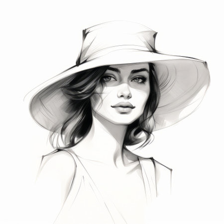 a fashion illustration of a woman's face wearing a hat, lise, and scarf. this drawing is perfect for fashion illustrators and designers in zagreb. it is created in the style of ambient occlusion and high-key lighting, reminiscent of glamorous hollywood portraits. the illustration has a crisp and clean look, ideal for editorial illustrations. the use of white and oil painter techniques adds depth and sophisticationの素材