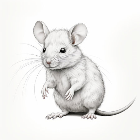 a white mouse, depicted in a highly detailed illustration style, rests on a light-colored background. this realistic animal portrait showcases the mouse's character caricature, with elegant inking techniques and hand-coloring. the gray tones add depth to the image, creating a visually captivating piece. ai generatedの素材