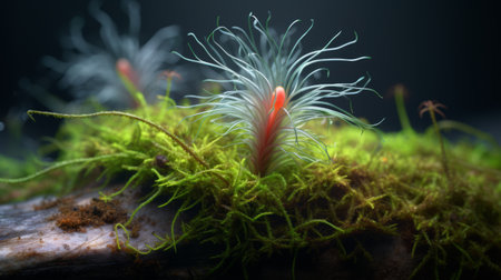 mossy roots protruding from a fish tank create a captivating visual, resembling intricate feather rendering. the combination of light red and navy hues adds depth and contrast to the image. captured with a zeiss batis 18mm f2.8 lens, the photo showcases a detailed character design with delicate flowers. the overall composition presents an experimental form, created using zbrush. ai generatedの素材