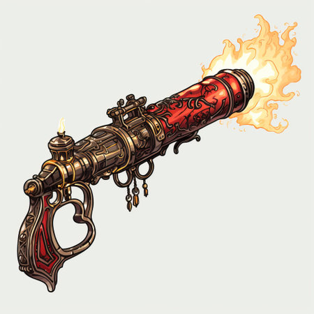 an illustration of a saber gun at night, featuring a baroque ornate and dramatic composition. the artwork showcases a combination of light bronze and red tones, reminiscent of necronomicon illustrations. the explosive pigmentation adds depth and intensity to the piece. inspired by the works of chen zhen and the argus c3 camera, this illustration is meticulously detailed, resembling intricate miniatures. ai generatedの素材