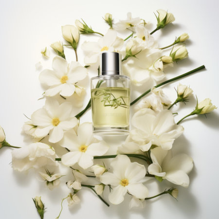 a commercial shoot for harper's bazaar cover by mario testino featuring a single jasminum flower with stem. shot in a bright studio environment with professional lighting against a white background. the final image will showcase super details and hyper-realistic rendering, with cinematic lighting and high levels of detail. ai generatedの素材