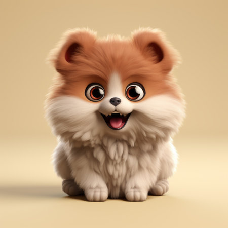 the dog puppy, rendered in cinema4d, sits on a beige table. its playful character designs, featuring caricature faces and lively facial expressions, are brought to life with zbrush. the furry art showcases a combination of light maroon and white colors, creating an adorable and captivating image. ai generatedの素材