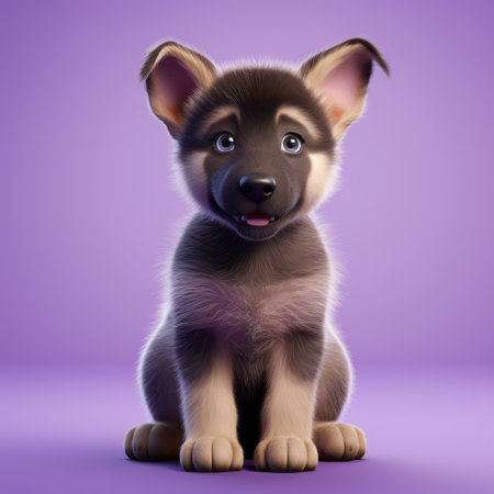 german shepherd puppy with a playful character, rendered in cinema4d, showcased against a vibrant purple background. this image by bill gekas features bold chromaticity, subtle expressions, and a realistic usage of light and color. the light gray and purple tones create a visually striking composition. ai generatedの素材