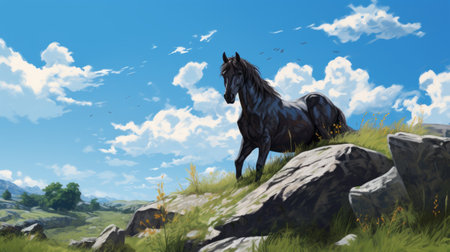 a large horse, depicted in the style of anime art, stands proudly atop a hill. the black paintings create a striking contrast against the realistic blue skies. this beautiful and tender depiction of nature captures the essence of heistcore in this stunning illustration. ai generatedの素材