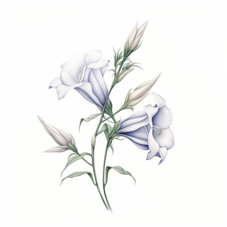 a colorful pencil drawing of purple flowers, rendered in a realistic and detailed style. the light beige and white background adds a delicate simplicity to the illustration, reminiscent of scientific illustrations. the white and blue iconographic motifs enhance the overall aesthetic of the artwork. ai generatedの素材