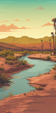 a vector illustration of a valley background in a vintage poster style, featuring a desert landscape with detailed shading. the illustration showcases a mesmerizing combination of light teal and amber colors, with hyper-realistic water and a touch of mesoamerican influences. the plein air setting adds a romantic touch to the overall composition. ai generatedの素材