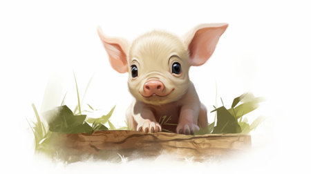 a baby pig peeks out from a bush in this detailed character illustration. the ultra-realistic style captures the pig's adorable features with free brushwork. the portrait is simplified and stylized, showcasing the artist's angura kei influence. this character study focuses on the pig's light white and pink coloring, creating a captivating image. ai generatedの素材