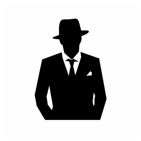 a man with a hat stands in a simple silhouette, isolated on a white background. the silhouette is reminiscent of the artistic styles of serge najjar, art deco, tivadar csontvry kosztka, and film noir. the image is inspired by johfra bosschart and features symmetrical composition and elegant clothing. ai generatedの素材