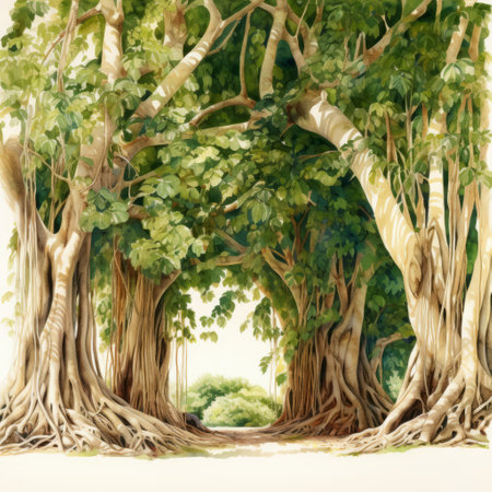 a painting of a tree with thick leaves, resembling arched doorways, done in a realistic watercolor style. the artwork showcases naturalistic poses and draws inspiration from precisionist art. it incorporates tropical symbolism and was created using a rollei prego 90 camera. the use of bentwood adds a unique touch to the overall composition. ai generatedの素材