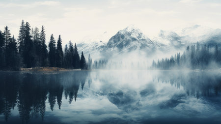 mountain scenery with mist and a lake, featuring stunning reflections and mirroring. this high-definition wallpaper captures the essence of mikko lagerstedt's style, with its dark cyan and white tones. the 8k resolution allows for a detailed view of the moody and tranquil scenes, while the soft surrealism adds an extra touch of beauty. the background elements are intricately depicted, enhancing the overall visual experience. aiの素材