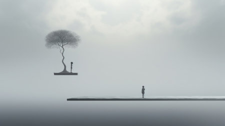 a child standing on a slender platform, suspended high above the ground, in a surreal, minimalist environment. the image features a minimal color palette, with shades of gray and a single striking accent color, emphasizing the contrast between the figure and the surrounding space. it evokes feelings of isolation, contemplation, and self-exploration in a vast and empty universe. ai generatedの素材