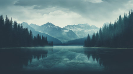 a stunning 8k resolution photograph captures a picturesque mountain lake surrounded by lush trees. the dark gray and light aquamarine color palette adds a touch of elegance to the scene. this atmospheric composition, reminiscent of heiner luepke and andreas achenbach's intricate landscapes, showcases gloomy yet captivating tonalities. ai generatedの素材